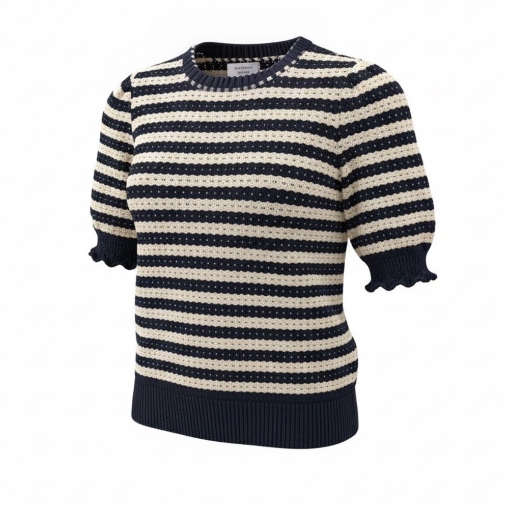 Joie Striped Knit Top sz M Navy Cream Coastal Scalloped coquette striped